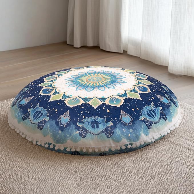 Meditation Cushion 32 Inch Round, Extra Thick Memory Foam Floor Pillow with Removable Washable Cover, Bohemian Mandala Yoga Cushion for Adults - Ideal Gift & Holiday Decor, Green