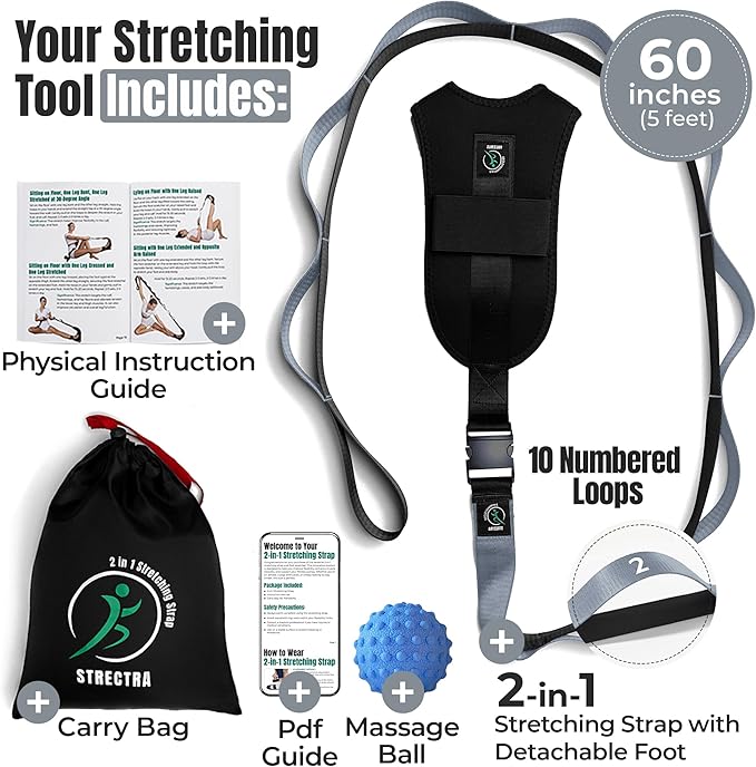 Stretch Strap with Loops Physical Therapy - Full Body Exercise Straps for Stretching with Detachable Foot - Leg & Calf Stretcher for Plantar Fasciitis, Physical Therapy, Pain Relief, and Flexibility