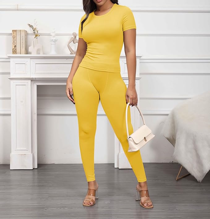 PINSV 2 Piece Sets for Women Summer Casual Jogger Workout Outfits Fitted Crew Neck T-shirt High Waist Legging Sets