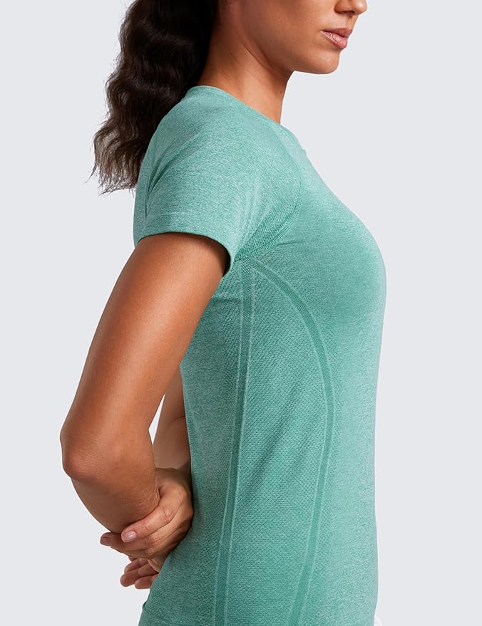 CRZ YOGA Seamless Workout Tops for Women Hip Length - Athletic Running Gym Yoga Short Sleeve Shirts Breathable Crewneck Tees
