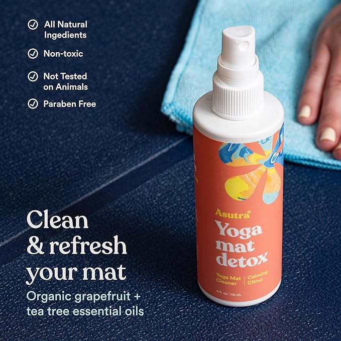 ASUTRA Yoga Mat Cleaner Spray (Calming Citrus), 4 fl oz - No Slippery Residue, Organic Essential Oils, Deep-Cleansing for Fitness Gear & Gym Equipment, Microfiber Towel Included
