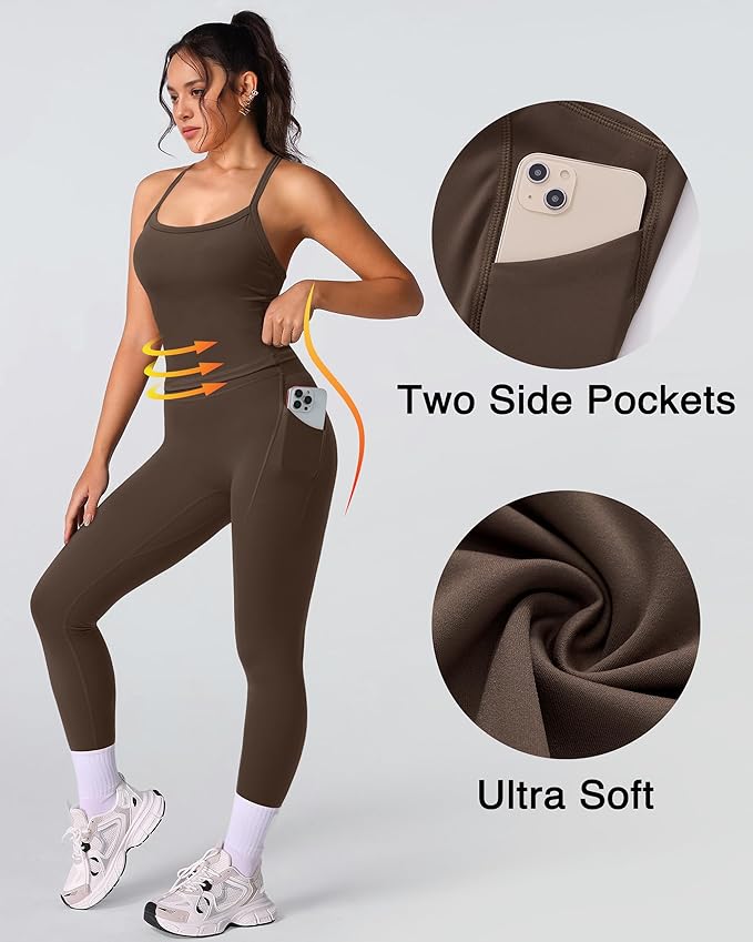 RXRXCOCO Cross Back Workout Sets for Women 2 Piece Padded Tank Tops Hidden Scrunch Leggings Gym Outfits with Pockets