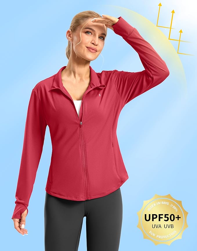 Soothfeel Women's UPF 50+ Lightweight Athletic Jackets Sun Protection Zip Up Long Sleeve Shirts Hiking Workout Outdoor Pocket