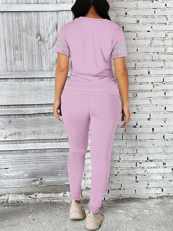 Two Piece Sets for Women Summer Short Sleeve Striped Crewneck Slim Fit Active Casual Sweatsuits