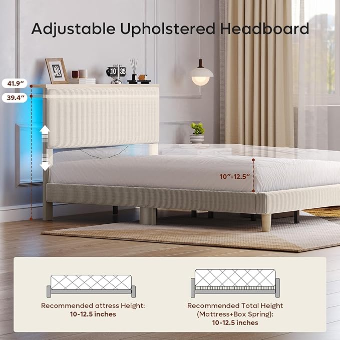 Bestier Queen Bed Frame with Adjustable Headboard & LEDLighting, Corduroy Upholstered Platform Bed Frame withStorage Shelf, Solid Wood Slats, No Box Spring Needed,Never Squeak, Easy Assembly, Beige