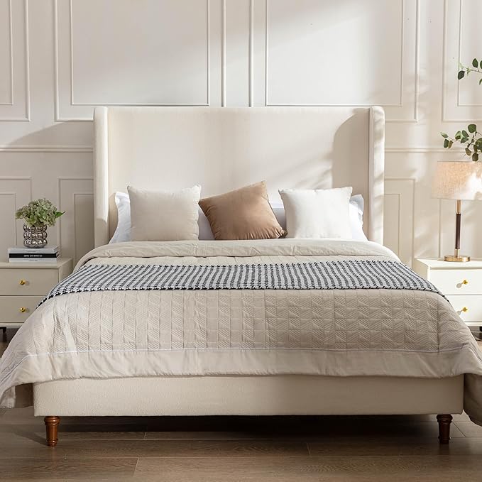 California King Size Upholstered Bed Frame, 54" Tall Headboard Wingback Platform Bed Frames, Elegant Simplicity/Strong Wood Slats Support/No Box Spring Needed/No Noise, Beige Boucle