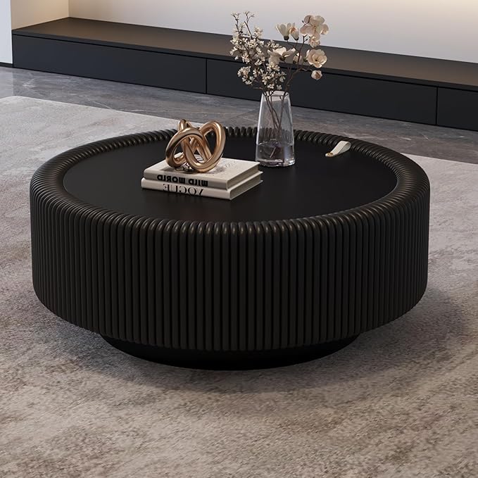 31.5" Black Round Coffee Table with Storage, Tempered Glass Top PU Leather Body & Baked Enamel Base, Modern Minimalist Fluted Circle Center Tables for or Living Room, Bedroom, Apartment