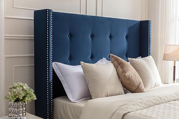 Upholstered Bed Frame, 54" Tall Headboard Wingback Upholstered Platform Bed Frame for Kids Teens Adults Bedroom Strong Wood Slats Support/No Box Spring Needed (Blue, King)