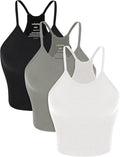 ODODOS Women's Crop 3-Pack Seamless Rib-Knit Camisole Crop Tank Tops