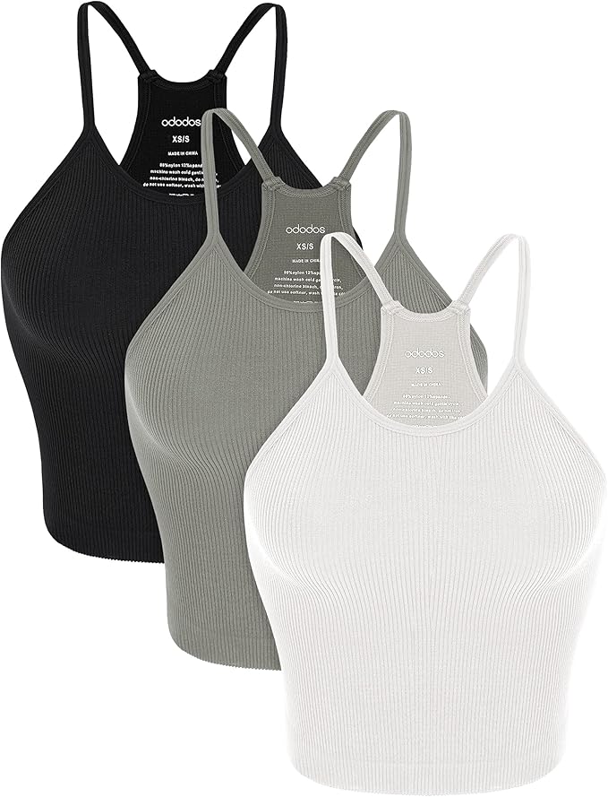 ODODOS Women's Crop 3-Pack Seamless Rib-Knit Camisole Crop Tank Tops