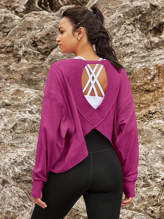 Panadila Womens Open Back Workout Top Long Sleeve Athletic Shirts Casual Crop Running Tee Y2k Yoga