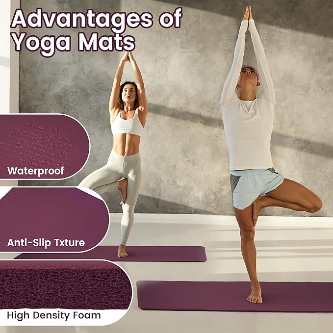 Fitvids Yoga Mat, 1/2-Inch Extra Thick High Density Exercise Mat, Anti-Tear Exercise Yoga Mat with Carrying Strap, Suitable for Various Yoga Exercises