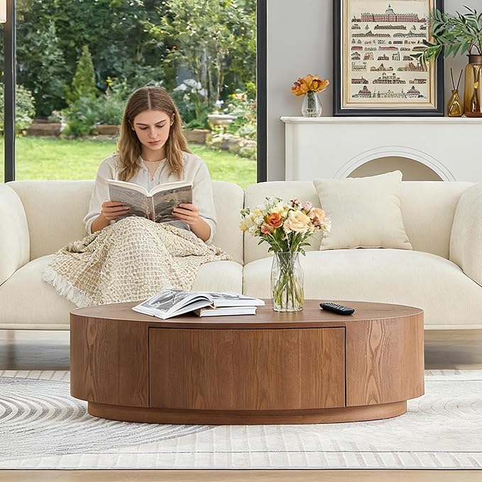 47.24" Oval Wood Coffee Table with Storage Drawer MDF Center Table Side Table for Living Room, Apartment, Office (Dark Walnut)