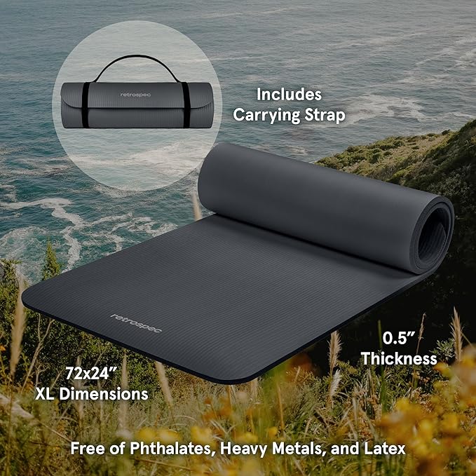 Retrospec Solana Yoga Mat Thick 1/2in Non-Slip Workout Mat with Nylon Strap - 72x24in Exercise Mat for Pilates, Stretching & Fitness - BPA Free, Easy Clean