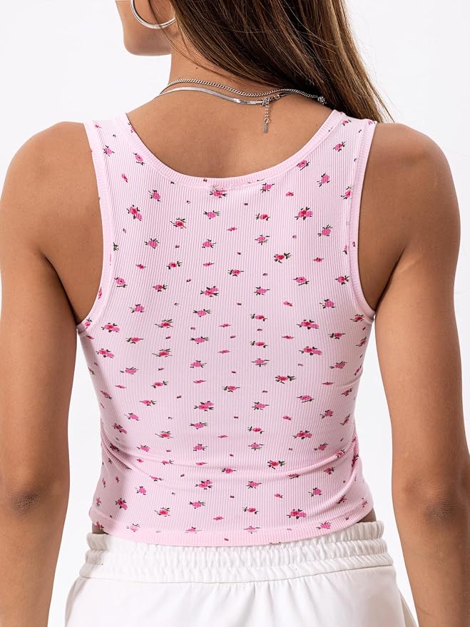 Danysu Women Rib Tank Top Padded Workout Top Square Neck Crop Tank Fitted Basic Cami Tops