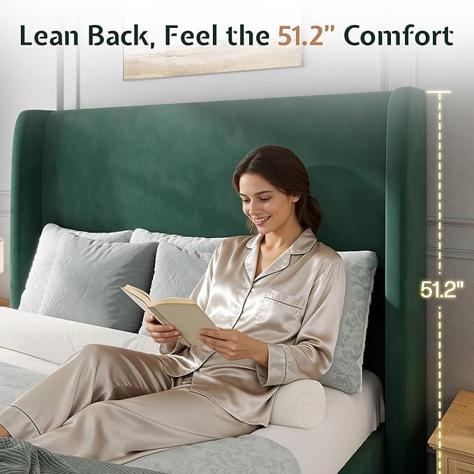 Jocisland Queen Size Bed Frame 51.2" Wingback Headboard Velvet Upholstered Platform Bed with Solid Wood Legs & Wooden Slats, No Box Spring Needed, Modern Minimalist Style, Easy Assembly, Dark Green