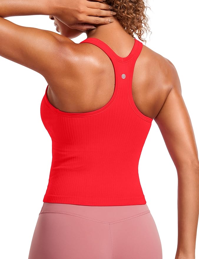 CRZ YOGA Seamless Ribbed Scoop Neck Tank Top for Women - Workout Racerback Padded Athletic Camisole with Built in Bra