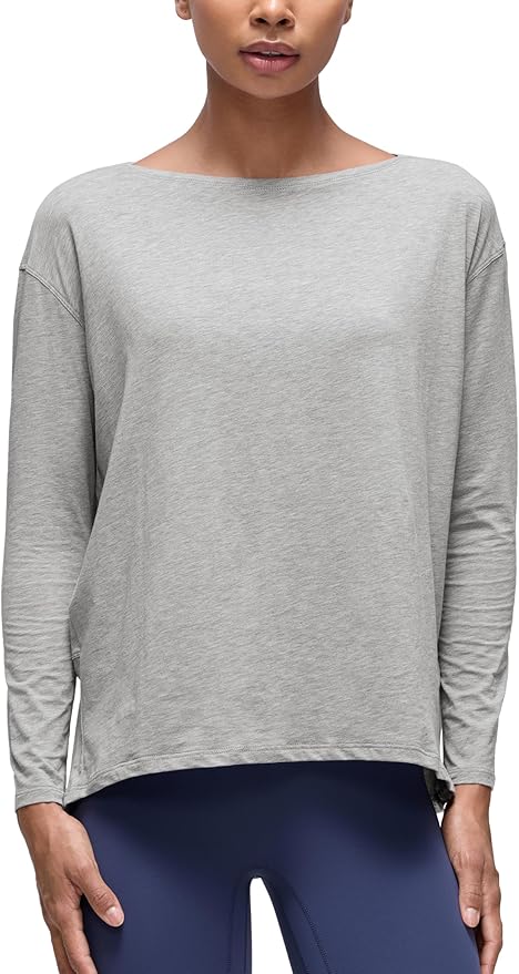 CRZ YOGA Pima Cotton Boat Neck Long Sleeve Shirts for Women - Workout Athletic Yoga Casual Tops Loose Fit Fall T-Shirts
