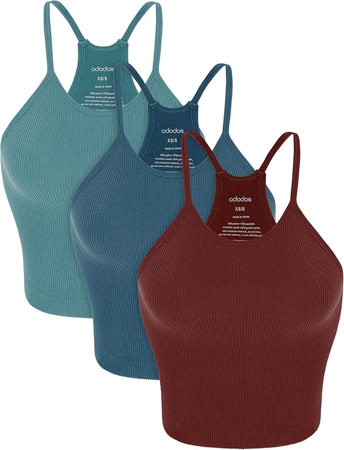 ODODOS Women's Crop 3-Pack Seamless Rib-Knit Camisole Crop Tank Tops