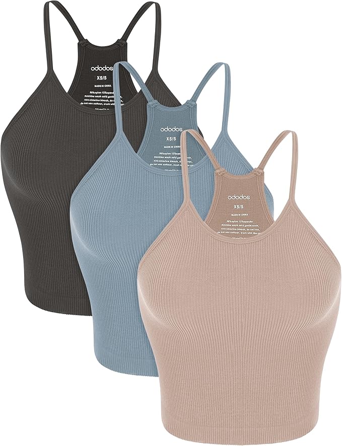 ODODOS Women's Crop 3-Pack Seamless Rib-Knit Camisole Crop Tank Tops