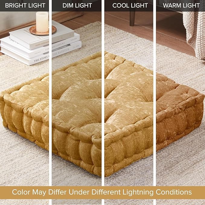 Intelligent Design Azza Floor Pillow, Large Cushions Sitting for Adults, Floor Pillow for Meditation or Yoga, Lustrous Chenille Tufted with Scalloped Edges for Bench/Chair Cushion, 20"x20"x5" Yellow