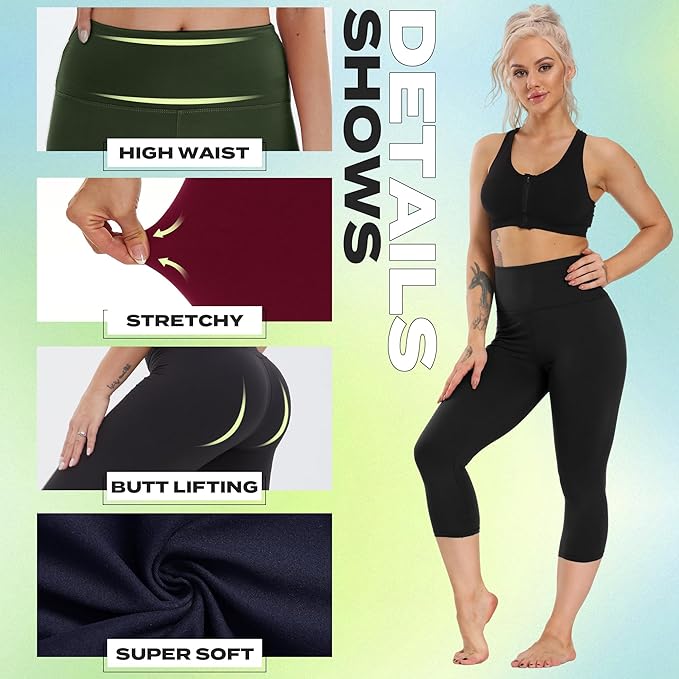 NexiEpoch 4 Pack Leggings for Women - High Waisted Tummy Control Soft Black Capri Yoga Pants with Pockets for Workout