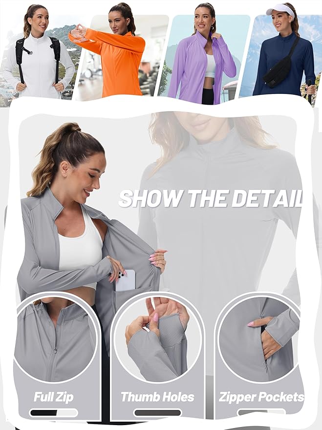 TACVASEN Women's Athletic Jackets Lightweight UV Protection Shirts Full Zip Workout Jacket UPF 50+ Long Sleeve Sun Shirt