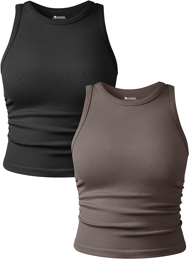 OQQ Women's 2 Piece Tank Tops Crew Neck Sleeveless Basic Stretch Casusal Yoga Crop Camis