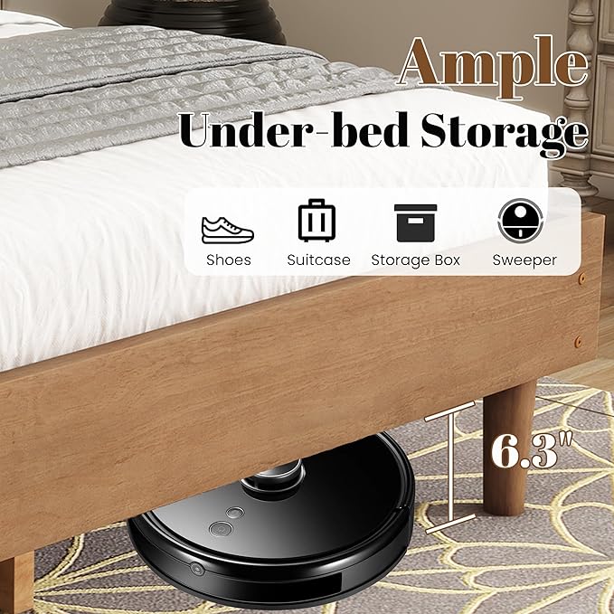 Wood King Size Bed Frame with Upholstered Tufted Headboard, Solid Wood Platform Bed,Mid-Century Style,No Box Spring Required, Easy Assembly,Wheat