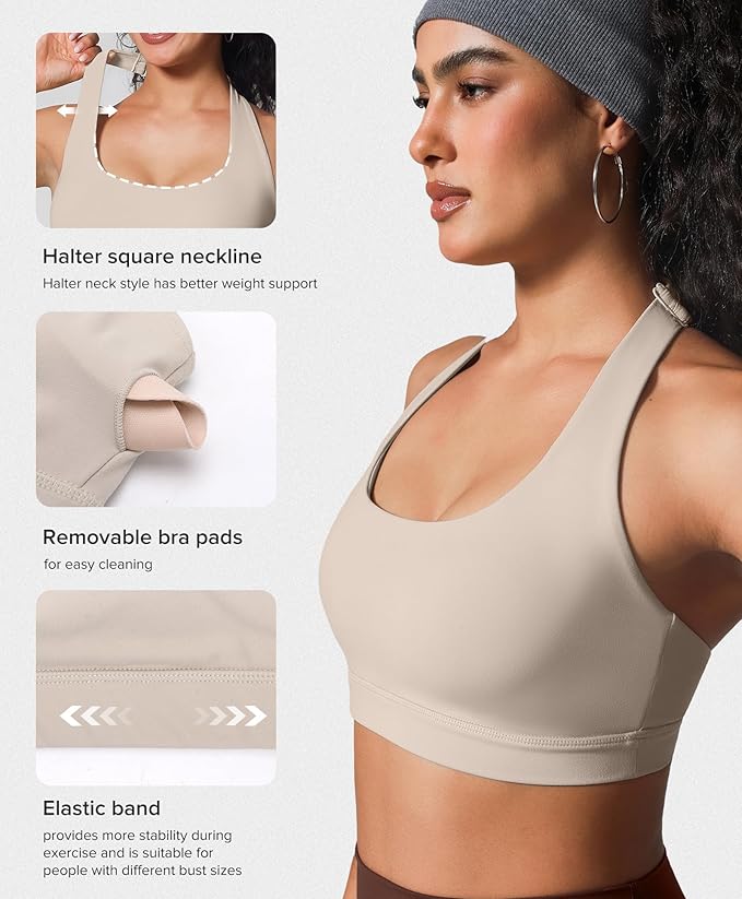 BRXL Halter Sports Bras for Women Adjustable Built in Bra Backless Workout Push Up Bras Low Impact Gym Yoga Tops