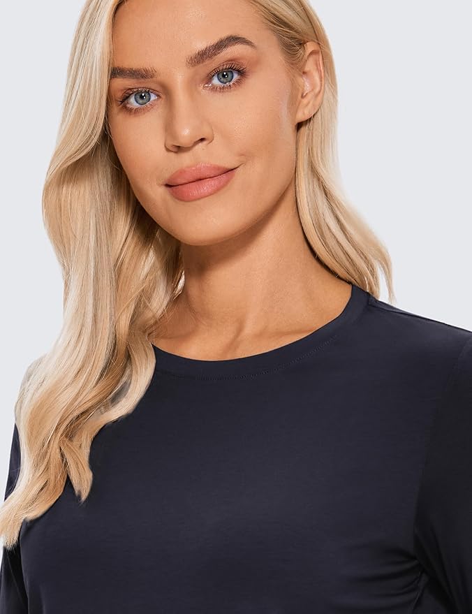 CRZ YOGA Pima Cotton Crewneck Long Sleeve Shirts for Women - Workout Athletic Yoga Casual Tops Soft Plain T-Shirt