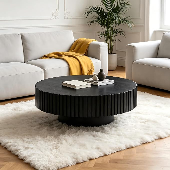 KEVINSPACE Round Coffee Table, 39" Big Wooden Fluted Coffee Table with Fluted Base, Circle Accent Center Table for Living Room Apartment Office Small Space, Easy Assembly, Black