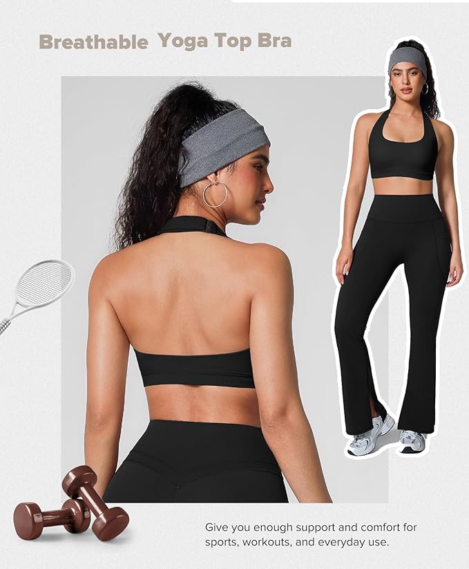 BRXL Halter Sports Bras for Women Adjustable Built in Bra Backless Workout Push Up Bras Low Impact Gym Yoga Tops