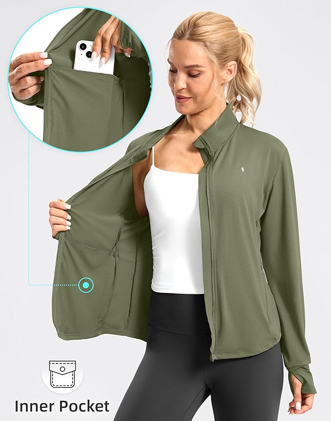 Soothfeel Women's UPF 50+ Lightweight Athletic Jackets Sun Protection Zip Up Long Sleeve Shirts Hiking Workout Outdoor Pocket