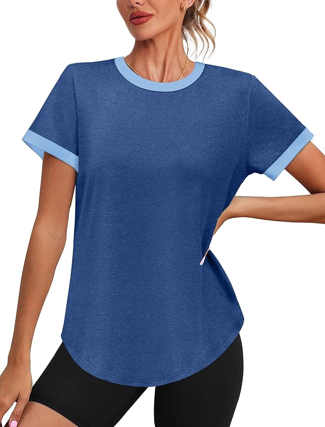 Womens Workout Tops Summer Short Sleeve Shirts Athletic Color Block Gym Clothes Outfits Sun Protection UPF 50+ T Shirts