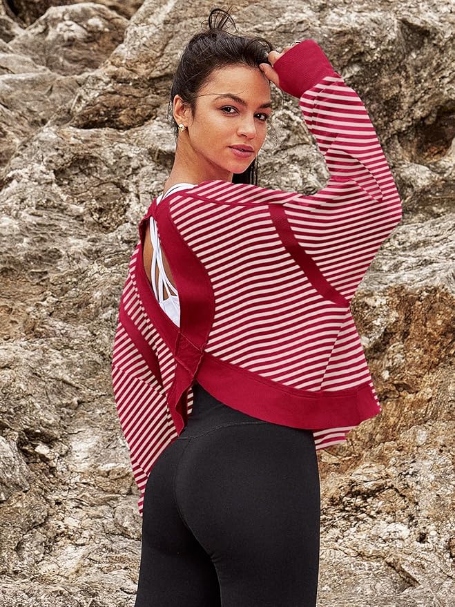 Panadila Womens Open Back Workout Top Long Sleeve Athletic Shirts Casual Crop Running Tee Y2k Yoga