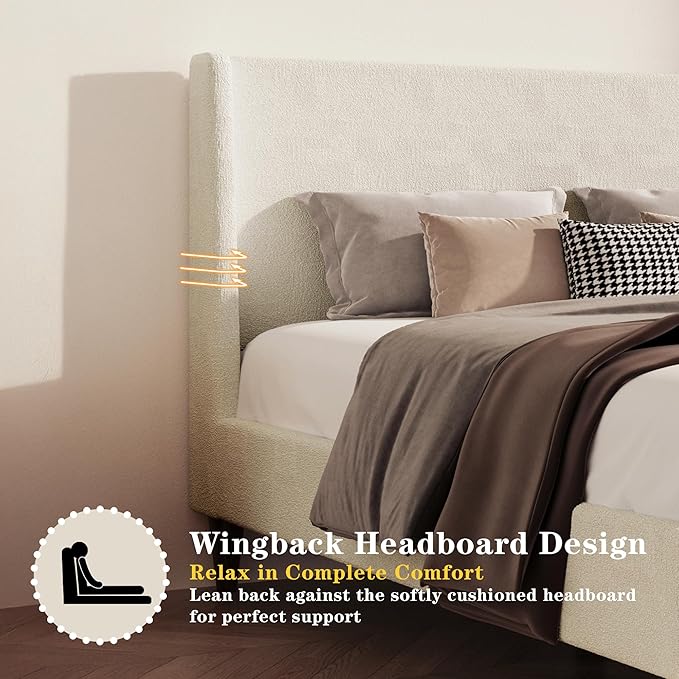 Upholstered Bed Frame Queen Size, 43" Tall Headboard Wingback Upholstered Platform Beds Bedframe for Kids Teens Adults Bedroom Strong Wood Slats Support No Box Spring Needed, Ivory Boucle