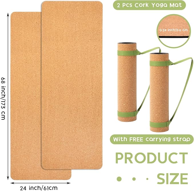 2 Pcs Cork Yoga Mat, 68 x 24 inch Premium 6mm Solid Thick Non Slip Fitness & Exercise Mat for All Types of Yoga Pilates & Floor Workouts with Strap