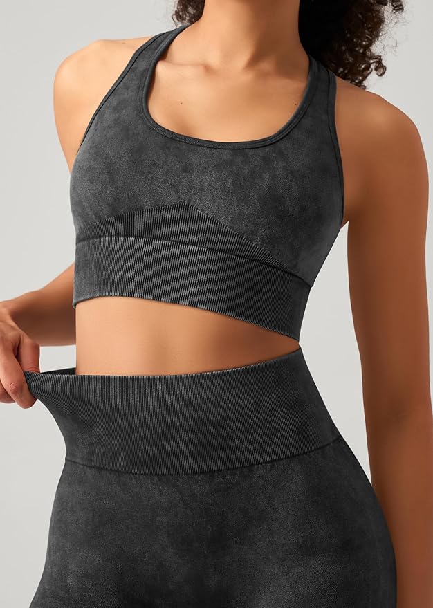 OLCHEE Womens Workout Sets 2 Piece - Acid Wash Seamless Yoga Outfits High Waist Leggings Padded Racerback Sports Bra Gym Set