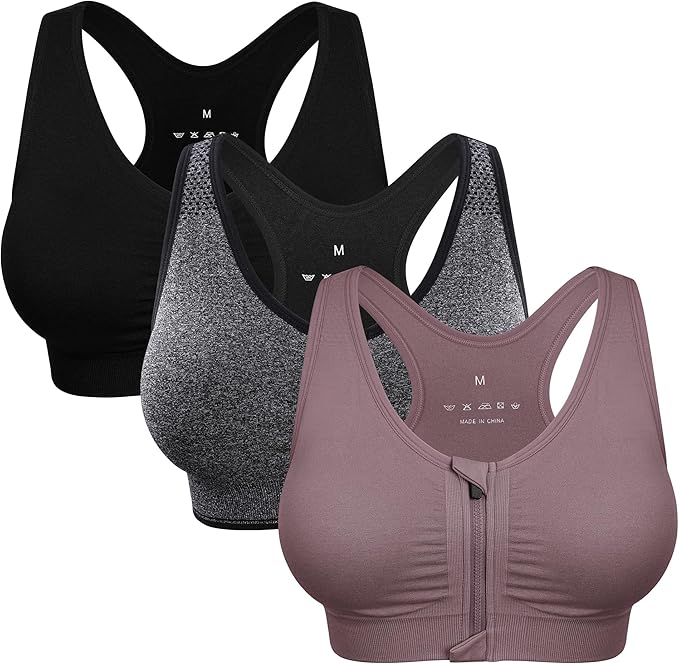 Women's Zip Front Sports Bra Wireless Post-Surgery Bra Active Yoga Sports Bras