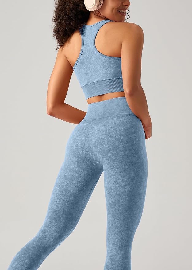 OLCHEE Womens Workout Sets 2 Piece - Acid Wash Seamless Yoga Outfits High Waist Leggings Padded Racerback Sports Bra Gym Set