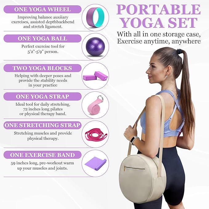 All in One Yoga Wheel Set, Soft Foam Roller Wheel for Back Pain & Stretching, Yoga Blocks 2 Pack with Strap, Trigger Point Therapy Massage Ball for Deep Tissue, Yoga Starter Kit for Beginner