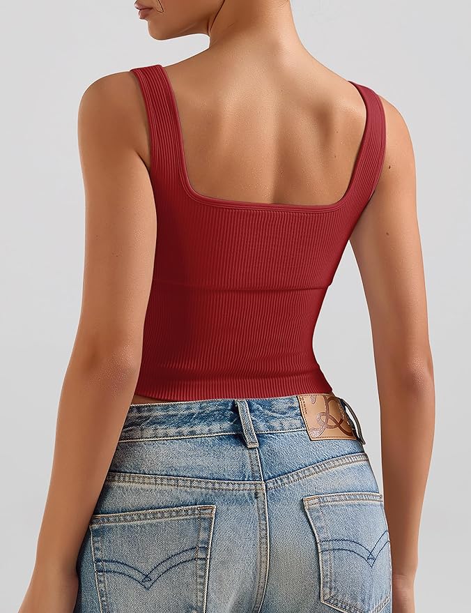 OLCHEE Womens 3 Pack Crop Tank Tops Basic Seamless Ribbed Sleeveless Square Neck Workout Top Summer Exercise Yoga Gym Shirts