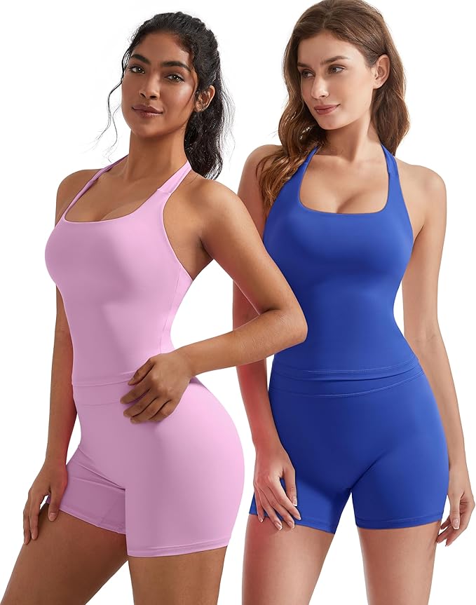 OMKAGI 2 Piece Workout Sets for Women Halter Sports Bra Tank Gym Biker Shorts Outfits