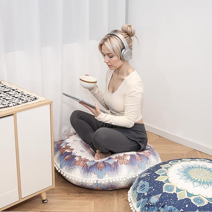 Meditation Cushion 32 Inch Round, Extra Thick Memory Foam Floor Pillow with Removable Washable Cover, Bohemian Mandala Yoga Cushion for Adults - Ideal Gift & Holiday Decor, Azure