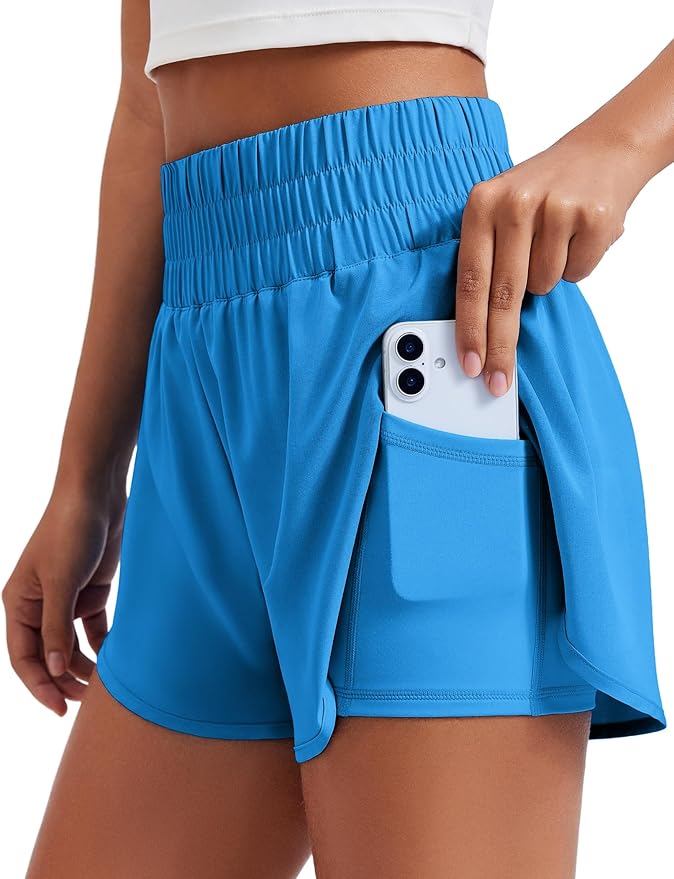 PINSPARK Women's 2 in 1 Running Shorts High-Split Athletic Short High Waisted 3" Liner Workout Gym Short with Pockets