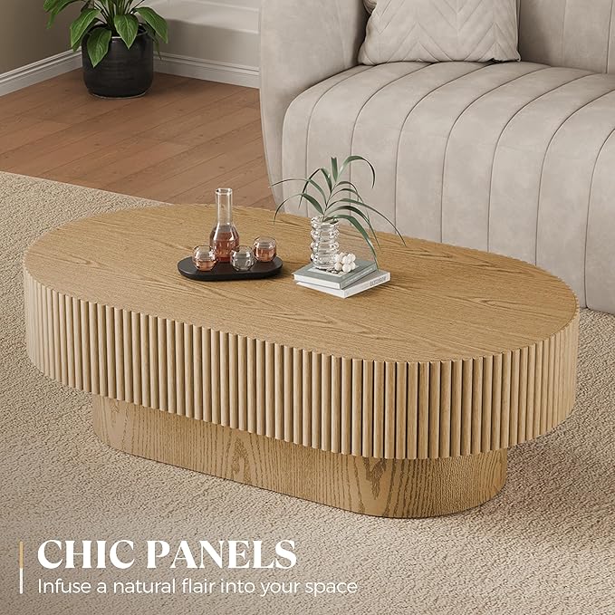 YOUDENOVA 43.7” Oval Coffee Table, Modern Wood Fluted Coffee Table for Living Room, Veneer Handcrafted Relief Center Table with Sturdy Pedestal，Easy Assembly - Natural