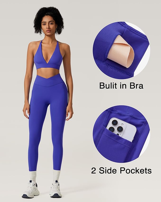 RXRXCOCO 2 Piece Workout Sets for Women Strappy Sports Bra Booty Leggings with Pockets Yoga Gym Outfits