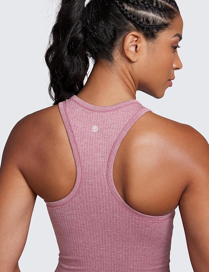 CRZ YOGA Seamless Ribbed High Neck Crop Tank Tops for Women - Longline Racerback Padded Sports Bras