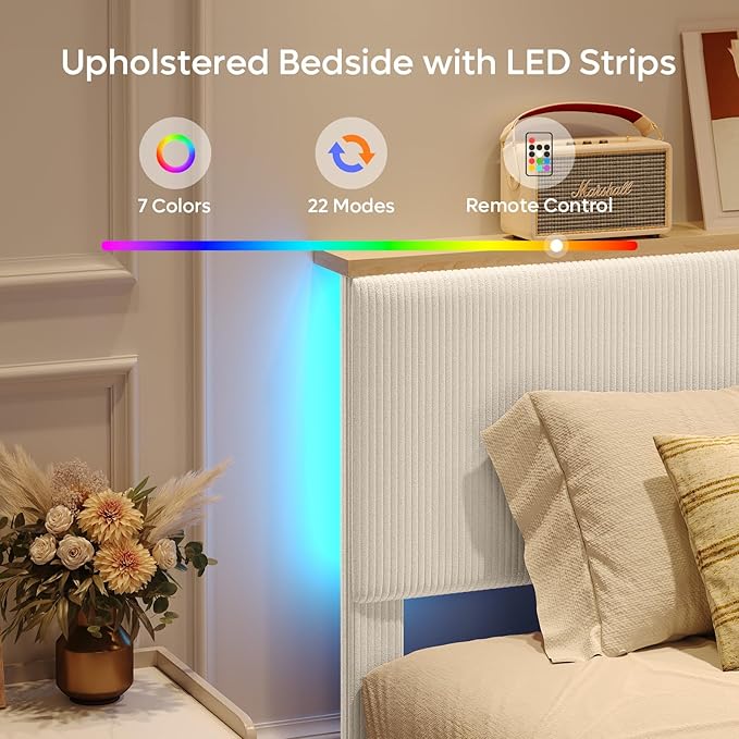 Bestier Queen Bed Frame with Adjustable Headboard & LEDLighting, Corduroy Upholstered Platform Bed Frame withStorage Shelf, Solid Wood Slats, No Box Spring Needed,Never Squeak, Easy Assembly, Beige